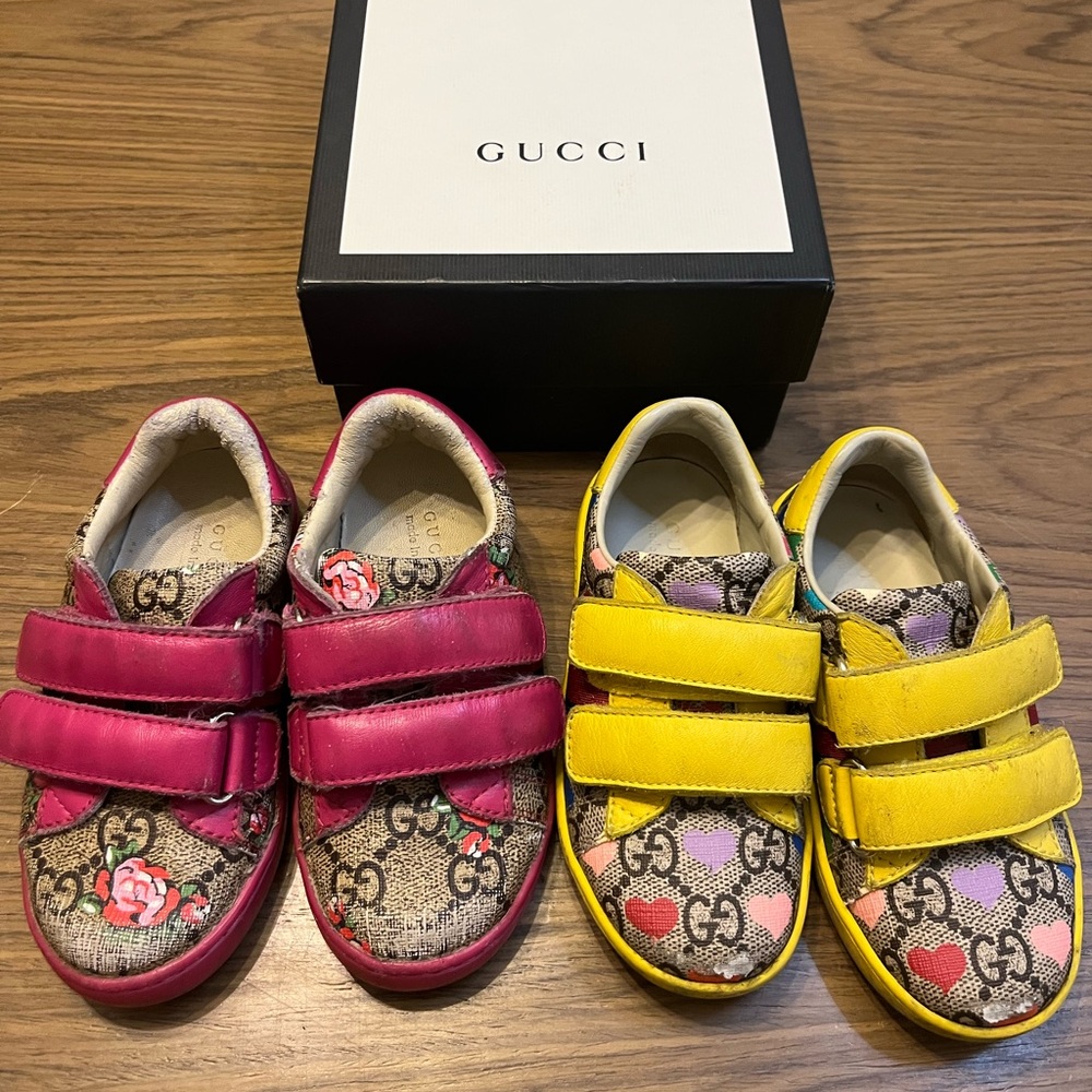 Gucci Kids Double Strap Floral GG Canvas Sneakers in Pink & Yellow.